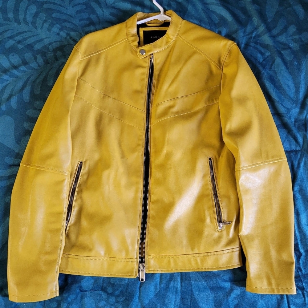 Zara mustard yellow faux leather bomber jacket size L